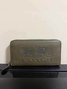 Coach Olive Green Pebbled Leather Zip Long Wallet with Embossed Coach Logo